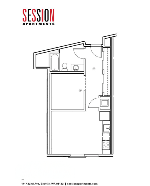 A black and white drawing of a floor plan for apartment living.